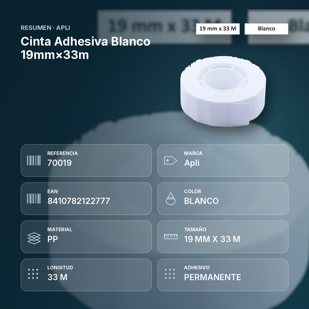CINTA ADHESIVA BLANCO 19MM×33M  - resumen de atributos