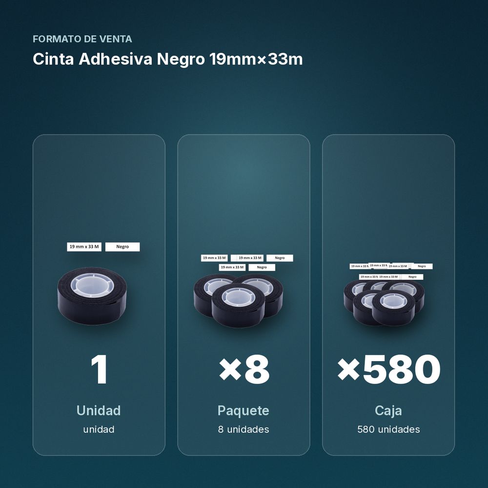 CINTA ADHESIVA NEGRO 19MM×33M  - formato de venta: paquete de 8, caja de 580, palé de 6720