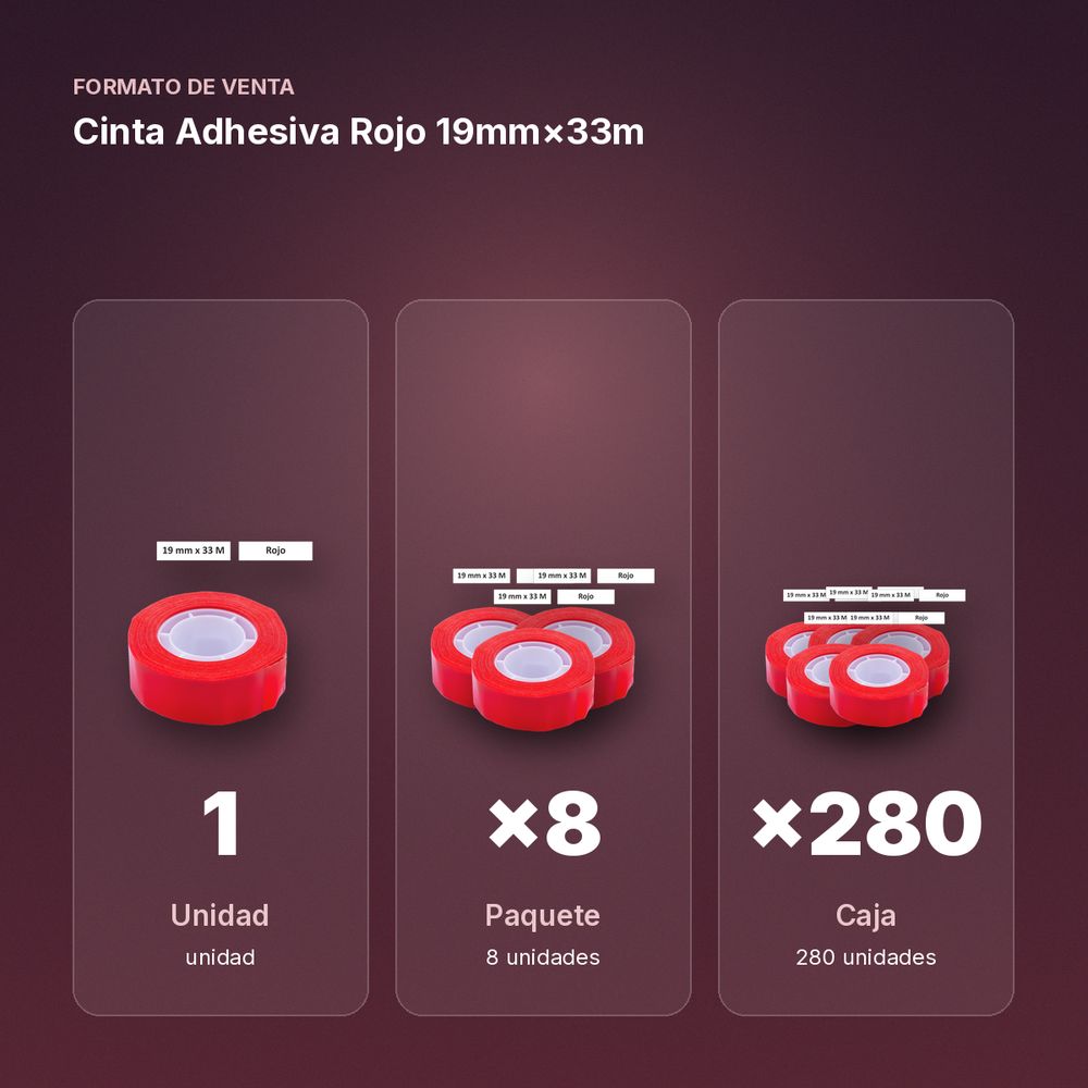 CINTA ADHESIVA ROJO 19MM×33M  - formato de venta: paquete de 8, caja de 280, palé de 6720