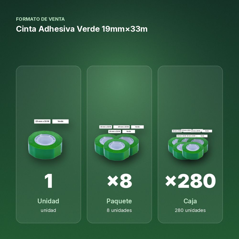 CINTA ADHESIVA VERDE 19MM×33M  - formato de venta: paquete de 8, caja de 280, palé de 6720