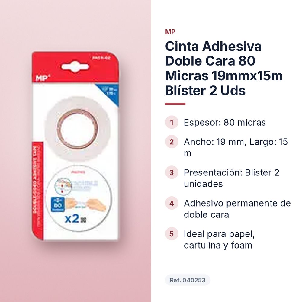 CINTA ADHESIVA DOBLE CARA 80 MICRAS 19MMX15M BLÍSTER 2 UDS - características principales