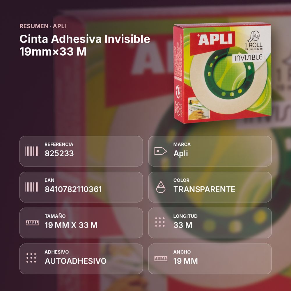 CINTA ADHESIVA INVISIBLE 19MM×33 M  - resumen de atributos