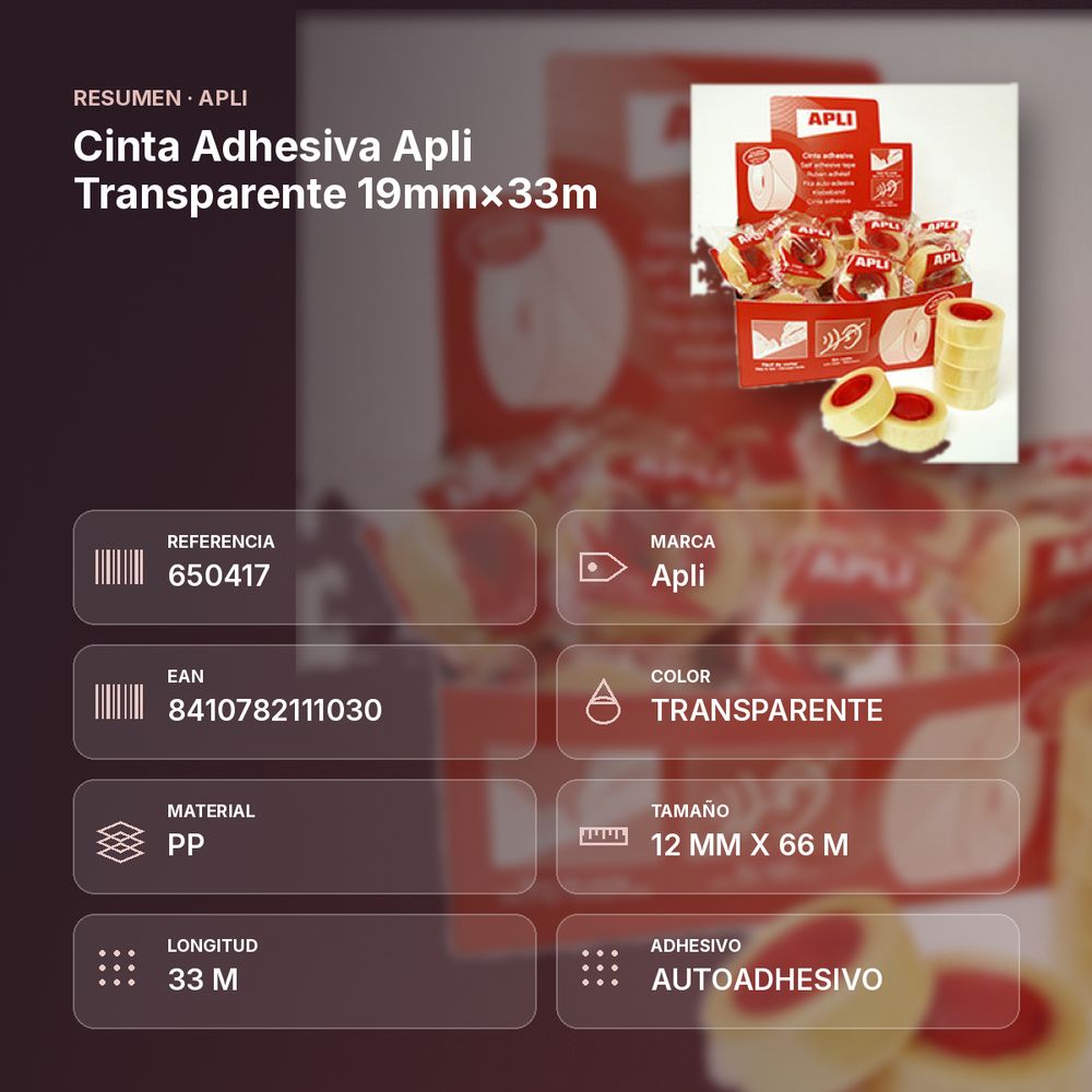 CINTA ADHESIVA APLI TRANSPARENTE 19MM×33M - resumen de atributos