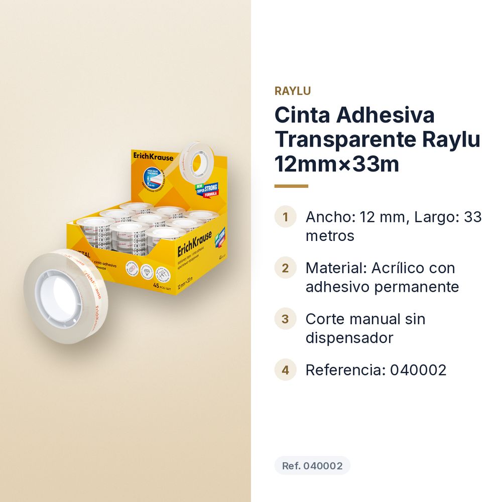CINTA ADHESIVA TRANSPARENTE RAYLU 12MM×33M - características principales