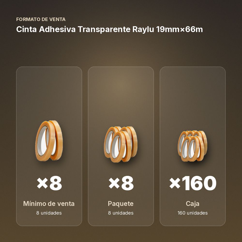 CINTA ADHESIVA TRANSPARENTE RAYLU 19MM×66M  - formato de venta: paquete de 8, caja de 160
