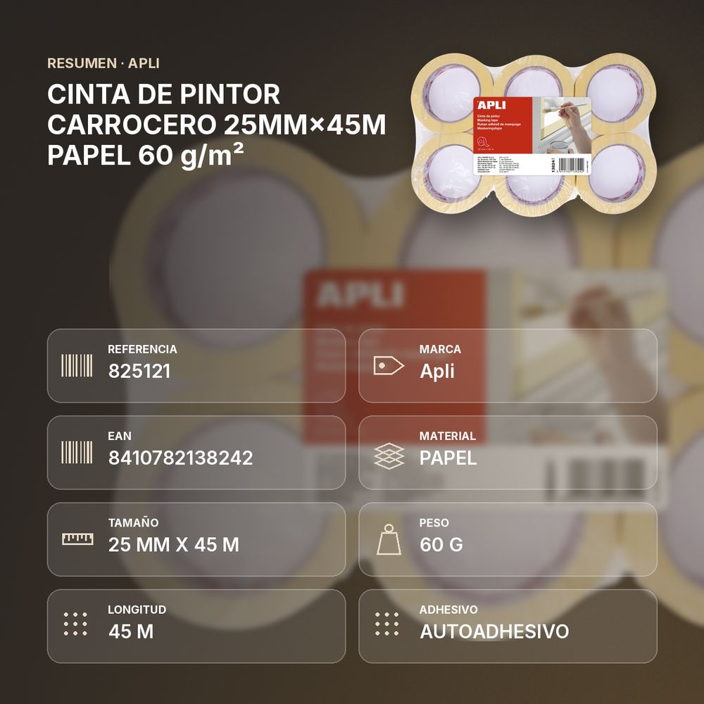 CINTA DE PINTOR CARROCERO 25MM×45M PAPEL 60 g/m² - resumen de atributos