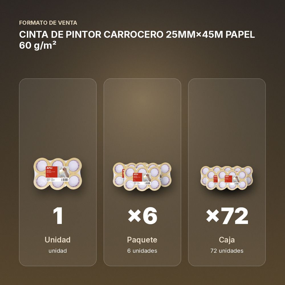 CINTA DE PINTOR CARROCERO 25MM×45M PAPEL 60 g/m² - formato de venta: paquete de 6, caja de 72, palé de 1944