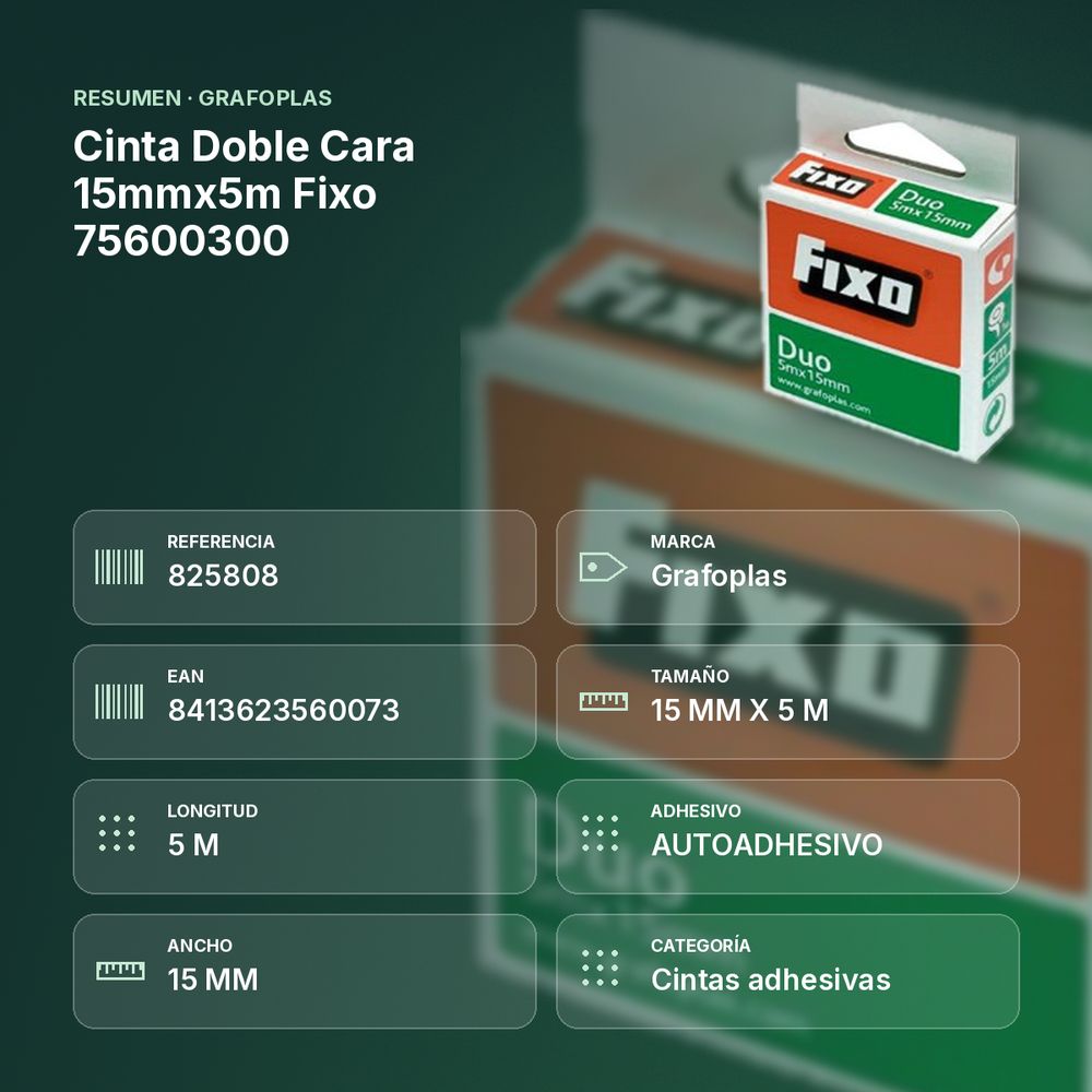 CINTA DOBLE CARA 15MMX5M FIXO 75600300 - resumen de atributos