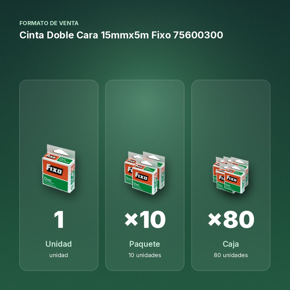 CINTA DOBLE CARA 15MMX5M FIXO 75600300 - formato de venta: paquete de 10, caja de 80