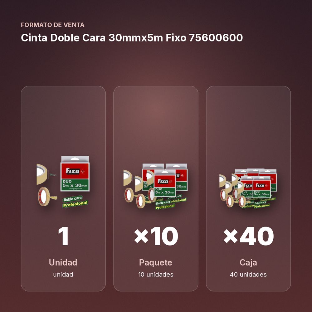 CINTA DOBLE CARA 30MMX5M FIXO 75600600 - formato de venta: paquete de 10, caja de 40