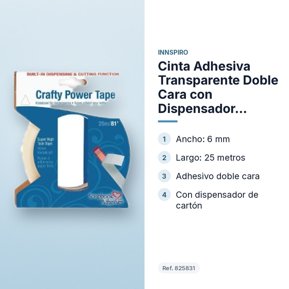 CINTA ADHESIVA TRANSPARENTE DOBLE CARA CON DISPENSADOR 6MMX25M  - características principales