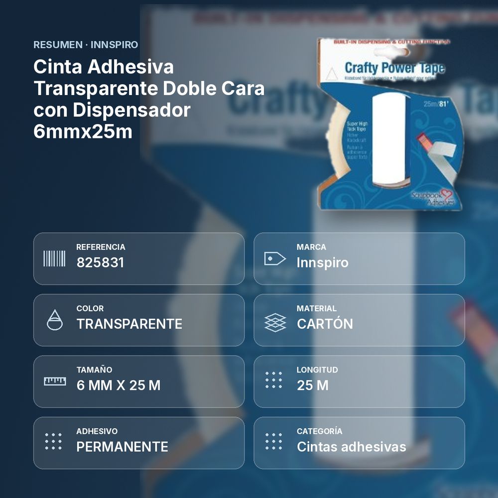 CINTA ADHESIVA TRANSPARENTE DOBLE CARA CON DISPENSADOR 6MMX25M  - resumen de atributos