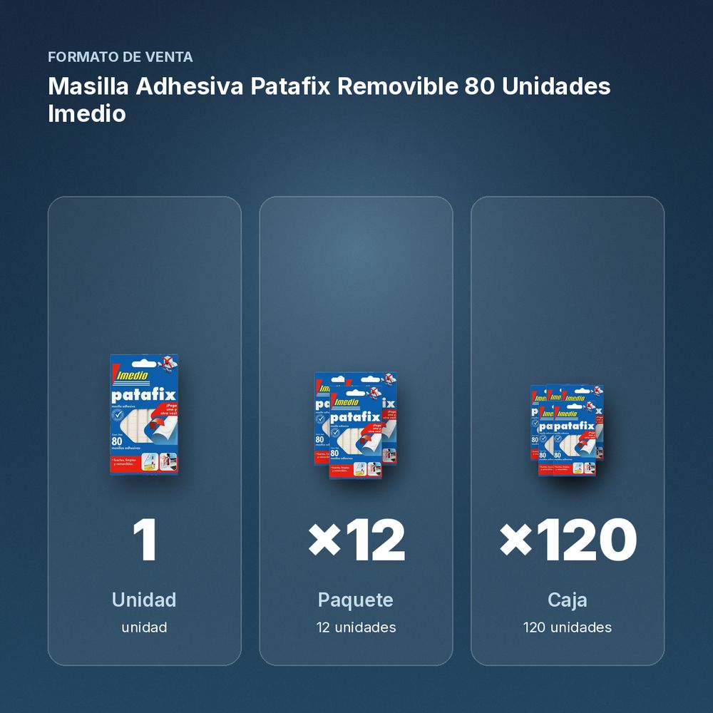 MASILLA ADHESIVA PATAFIX REMOVIBLE 80 UNIDADES IMEDIO - formato de venta: paquete de 12, caja de 120
