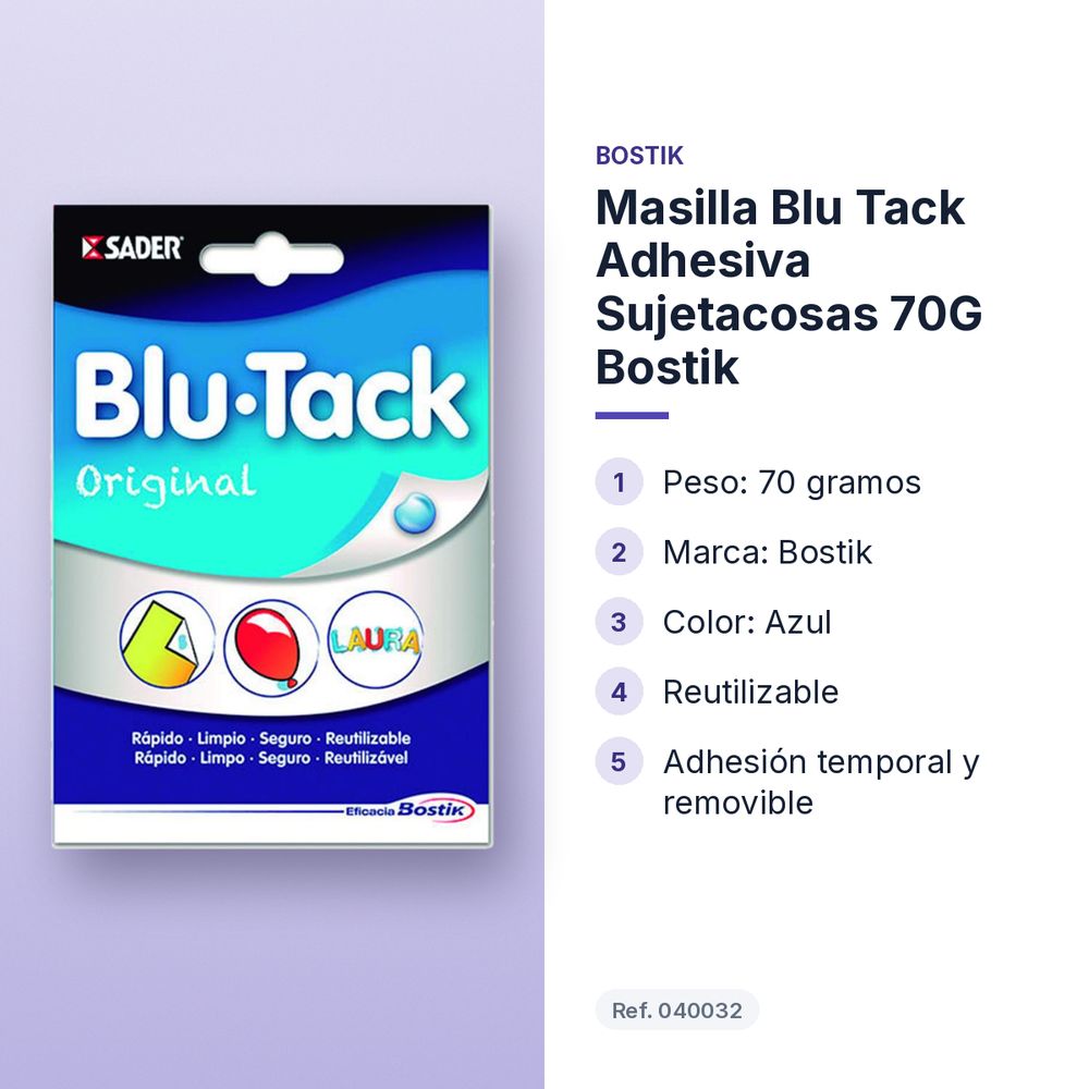 MASILLA BLU TACK ADHESIVA  SUJETACOSAS 70G  BOSTIK - características principales