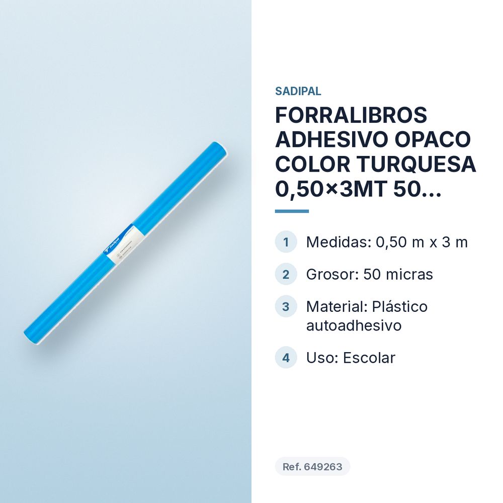 FORRALIBROS ADHESIVO OPACO COLOR TURQUESA 0,50x3MT 50 MICRAS SADIPAL - características principales