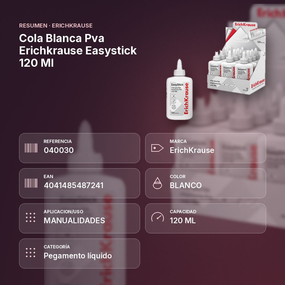 COLA BLANCA PVA ERICHKRAUSE EASYSTICK 120 ML - resumen de atributos