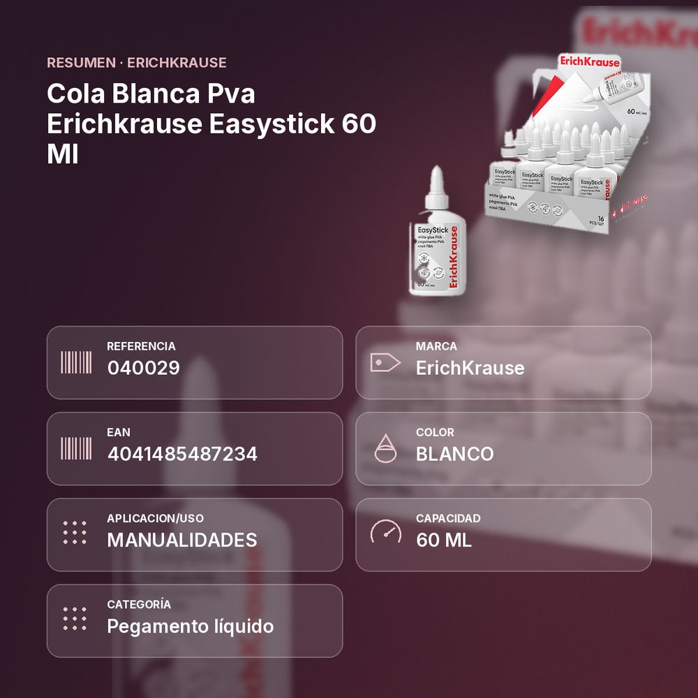COLA BLANCA PVA ERICHKRAUSE EASYSTICK 60 ML  - resumen de atributos