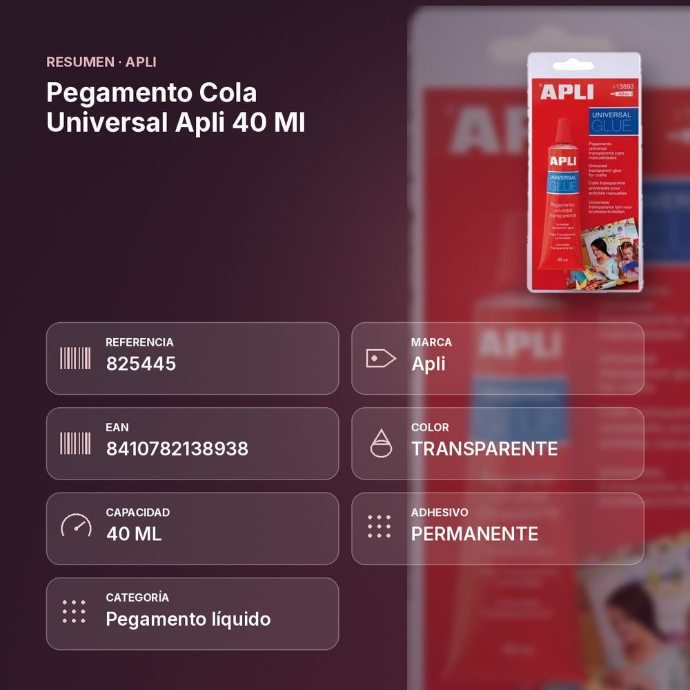 PEGAMENTO COLA UNIVERSAL APLI 40 ML - resumen de atributos