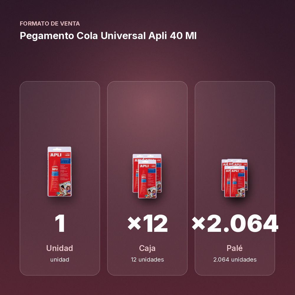 PEGAMENTO COLA UNIVERSAL APLI 40 ML - formato de venta: caja de 12, palé de 2064
