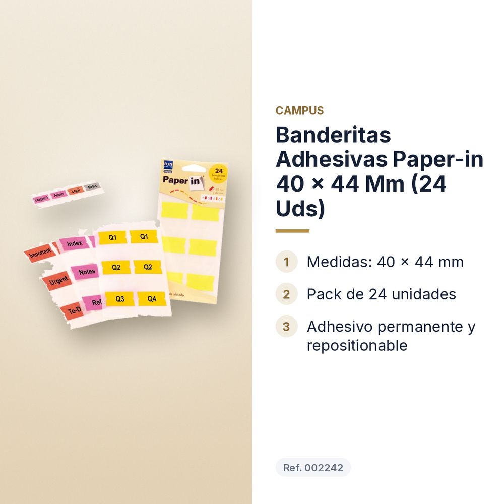 BANDERITAS ADHESIVAS PAPER-IN 40 × 44 MM (24 UDS) - características principales