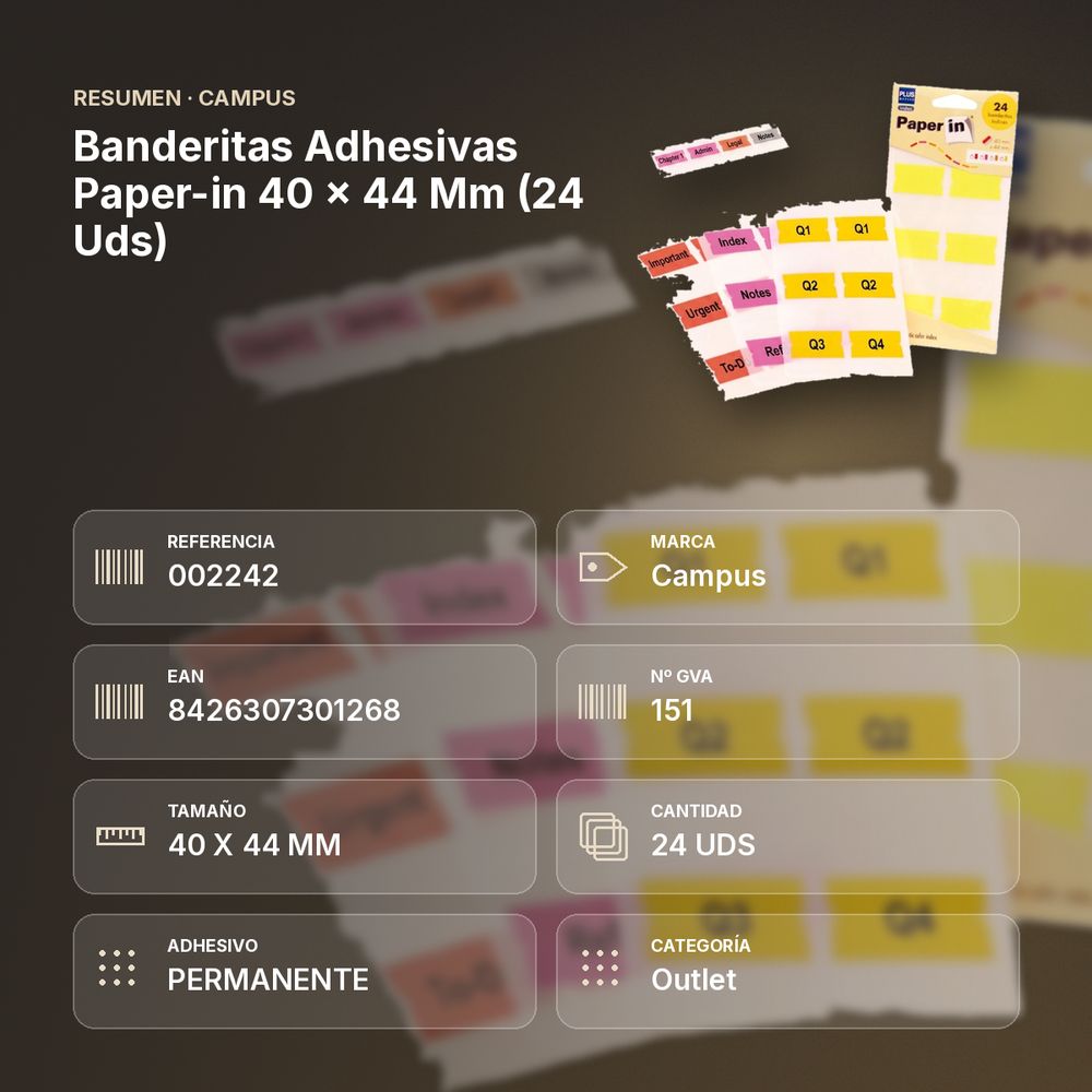 BANDERITAS ADHESIVAS PAPER-IN 40 × 44 MM (24 UDS) - resumen de atributos