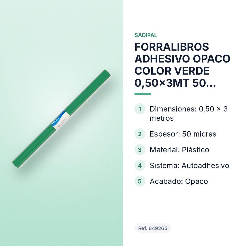 FORRALIBROS ADHESIVO OPACO COLOR VERDE 0,50x3MT 50 MICRAS SADIPAL - características principales