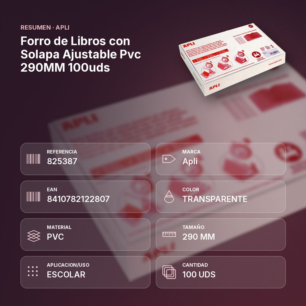 FORRO DE LIBROS CON SOLAPA AJUSTABLE PVC 290MM 100UDS - resumen de atributos