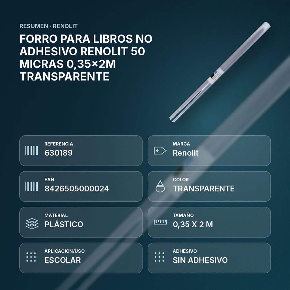 FORRO PARA LIBROS NO ADHESIVO RENOLIT 50 MICRAS 0,35x2M TRANSPARENTE - resumen de atributos