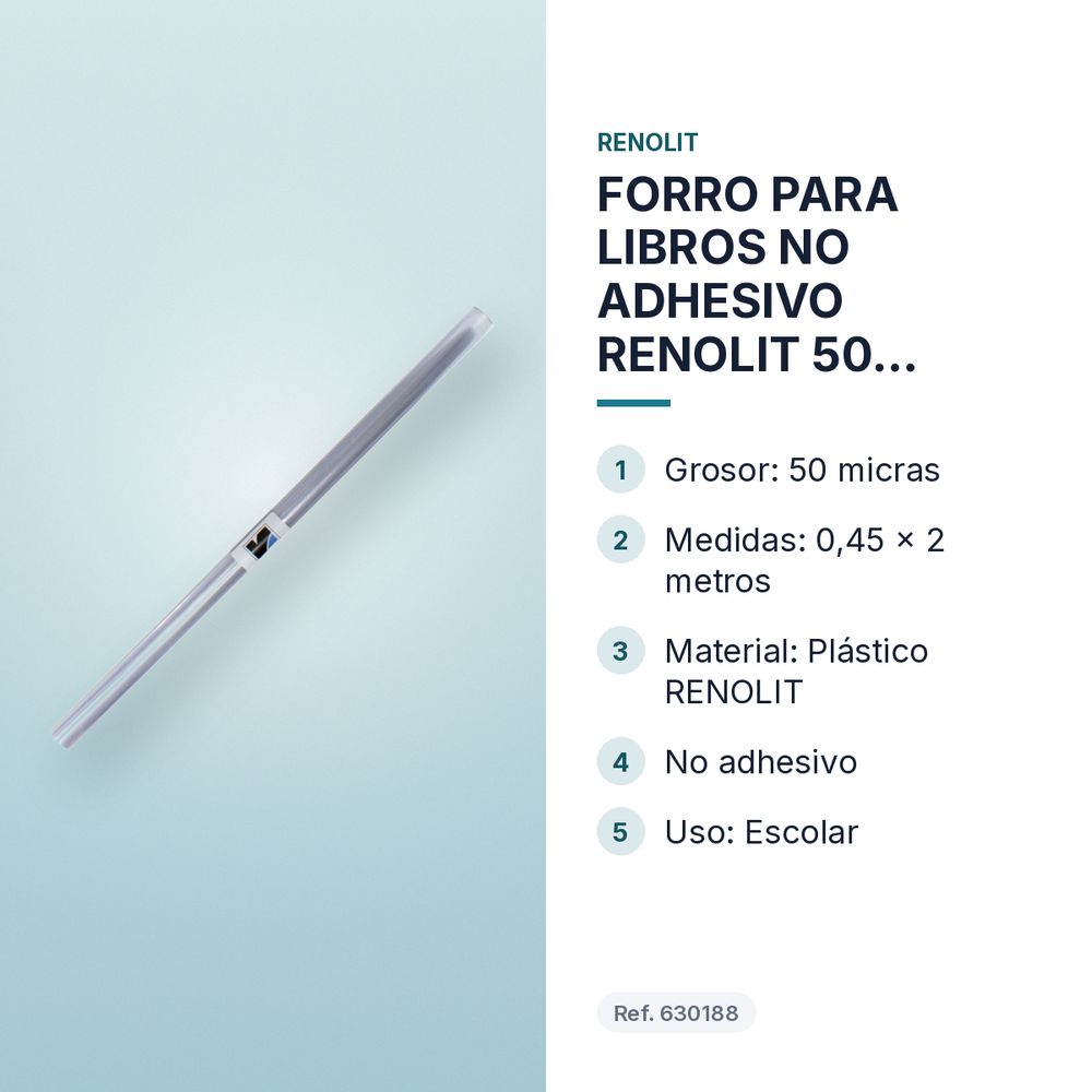 FORRO PARA LIBROS NO ADHESIVO RENOLIT 50 MICRAS 0,45 x 2 M TRANSPARENTE - características principales