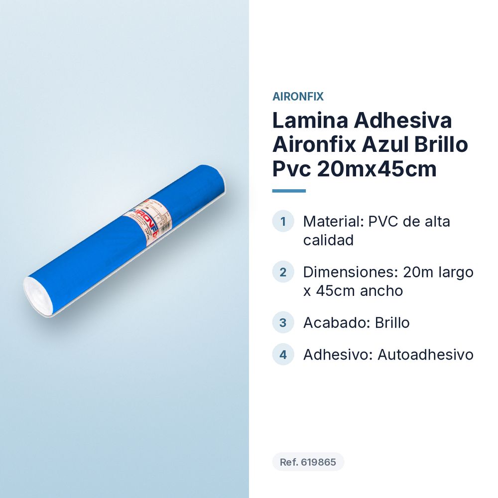 LAMINA ADHESIVA AIRONFIX AZUL BRILLO PVC 20MX45CM - características principales