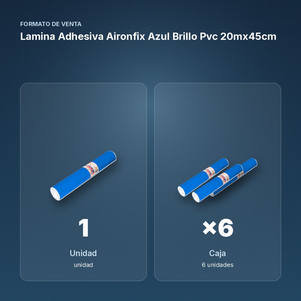 LAMINA ADHESIVA AIRONFIX AZUL BRILLO PVC 20MX45CM - formato de venta: caja de 6