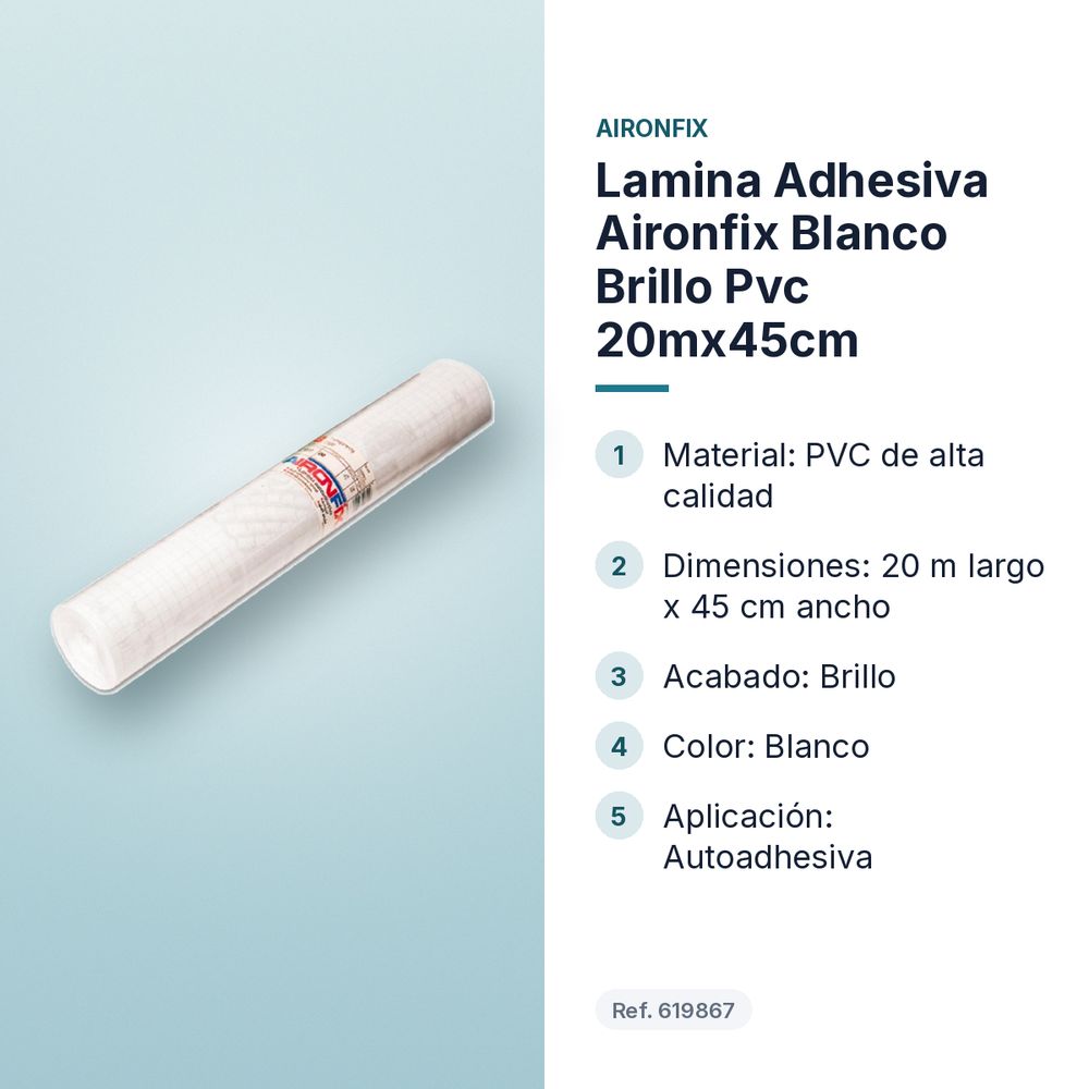 LAMINA ADHESIVA AIRONFIX BLANCO BRILLO PVC 20MX45CM - características principales