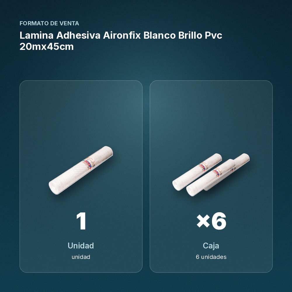 LAMINA ADHESIVA AIRONFIX BLANCO BRILLO PVC 20MX45CM - formato de venta: caja de 6