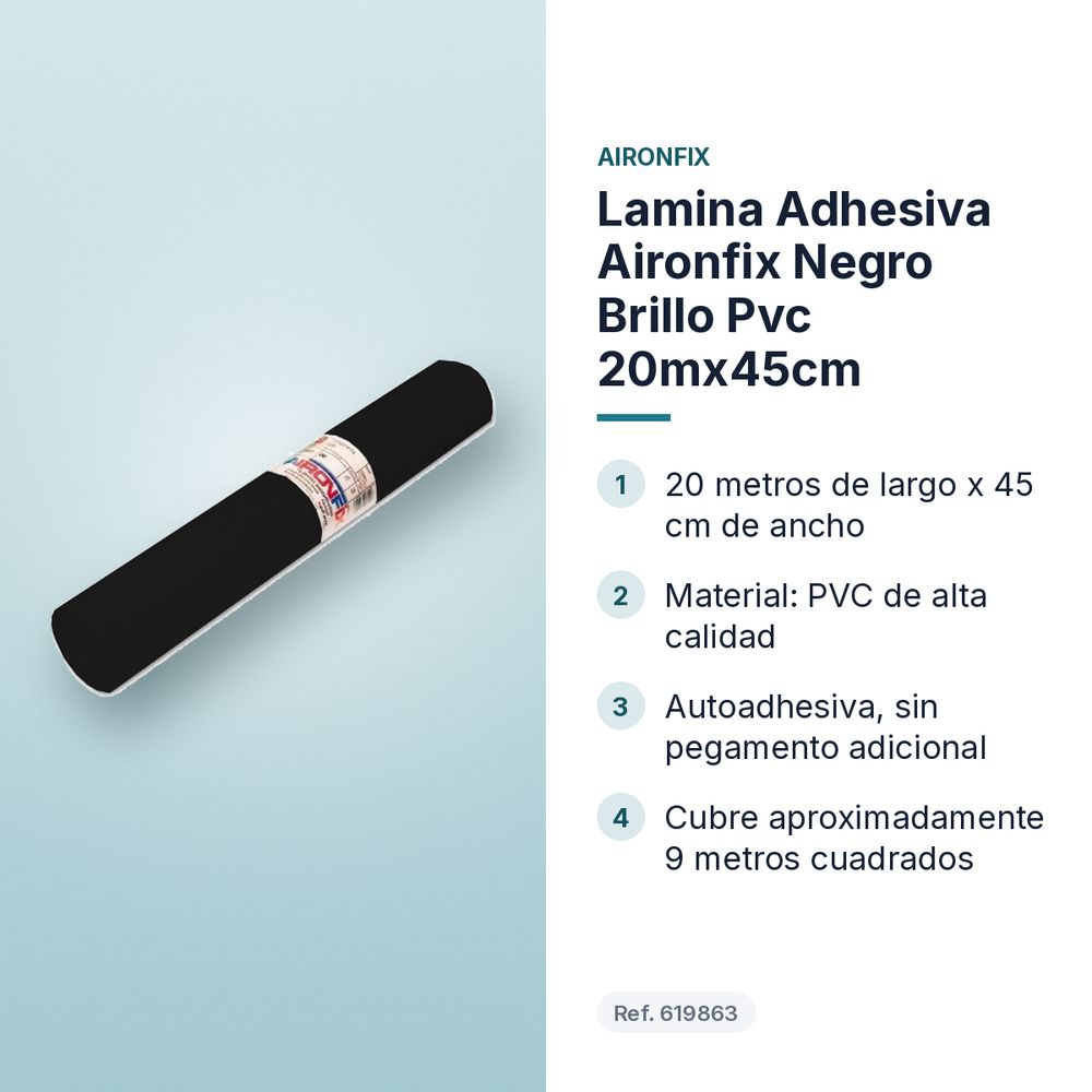 LAMINA ADHESIVA AIRONFIX NEGRO BRILLO PVC 20MX45CM - características principales