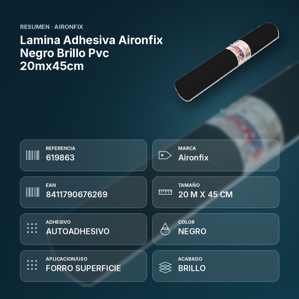LAMINA ADHESIVA AIRONFIX NEGRO BRILLO PVC 20MX45CM - resumen de atributos