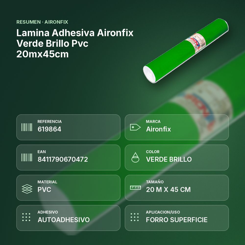 LAMINA ADHESIVA AIRONFIX VERDE BRILLO PVC 20MX45CM - resumen de atributos