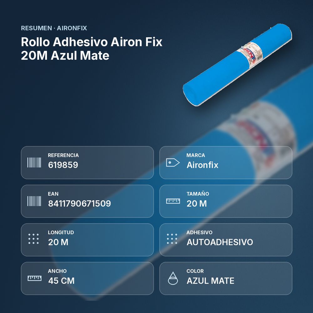 ROLLO ADHESIVO AIRON FIX 20M AZUL MATE - resumen de atributos