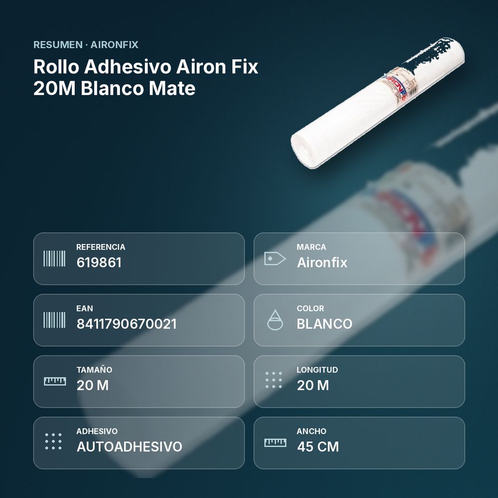 ROLLO ADHESIVO AIRON FIX 20M BLANCO MATE - resumen de atributos