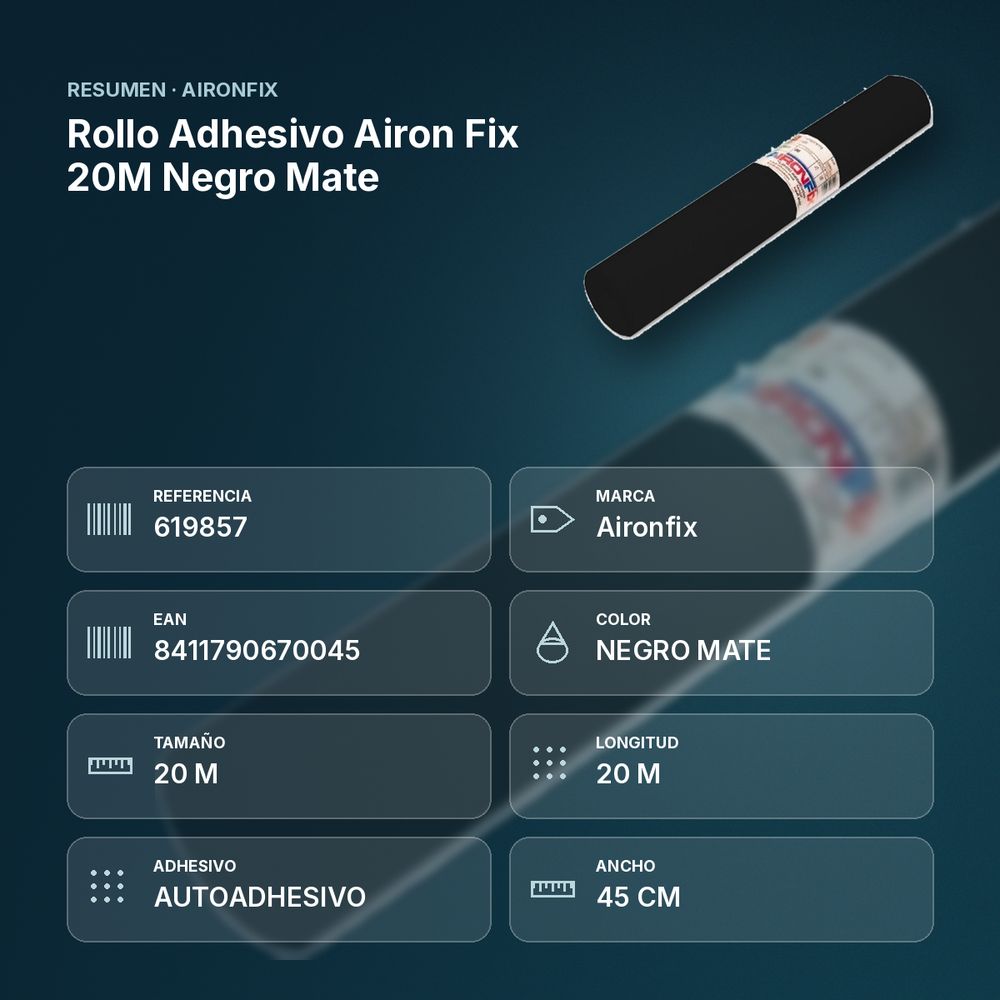 ROLLO ADHESIVO AIRON FIX 20M NEGRO MATE - resumen de atributos