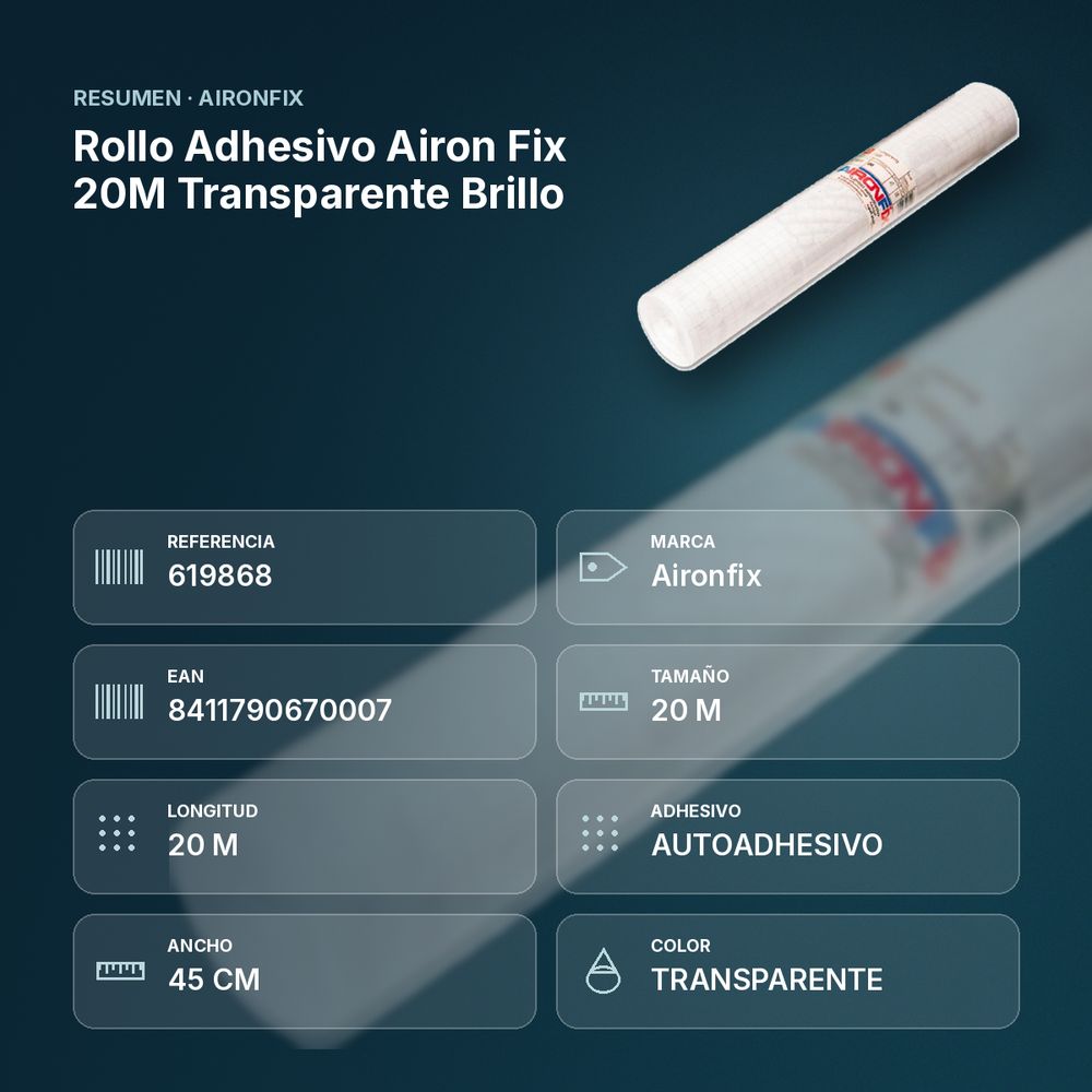 ROLLO ADHESIVO AIRON FIX 20M TRANSPARENTE BRILLO - resumen de atributos