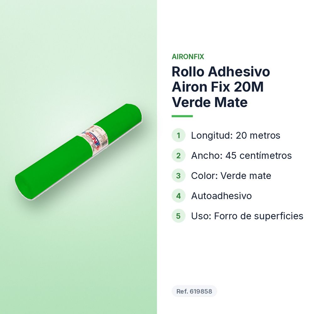 ROLLO ADHESIVO AIRON FIX 20M VERDE MATE - características principales