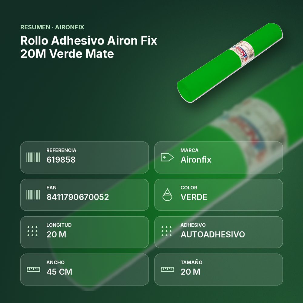 ROLLO ADHESIVO AIRON FIX 20M VERDE MATE - resumen de atributos