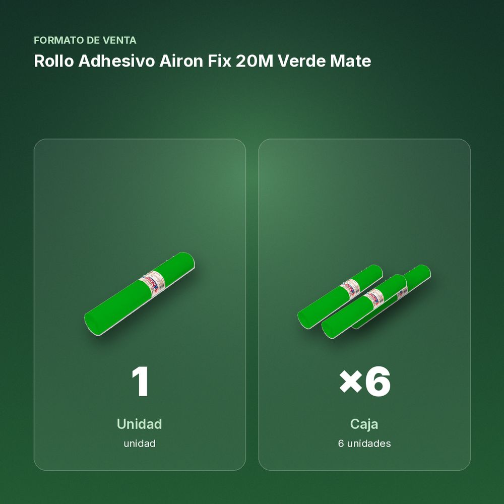 ROLLO ADHESIVO AIRON FIX 20M VERDE MATE - formato de venta: caja de 6