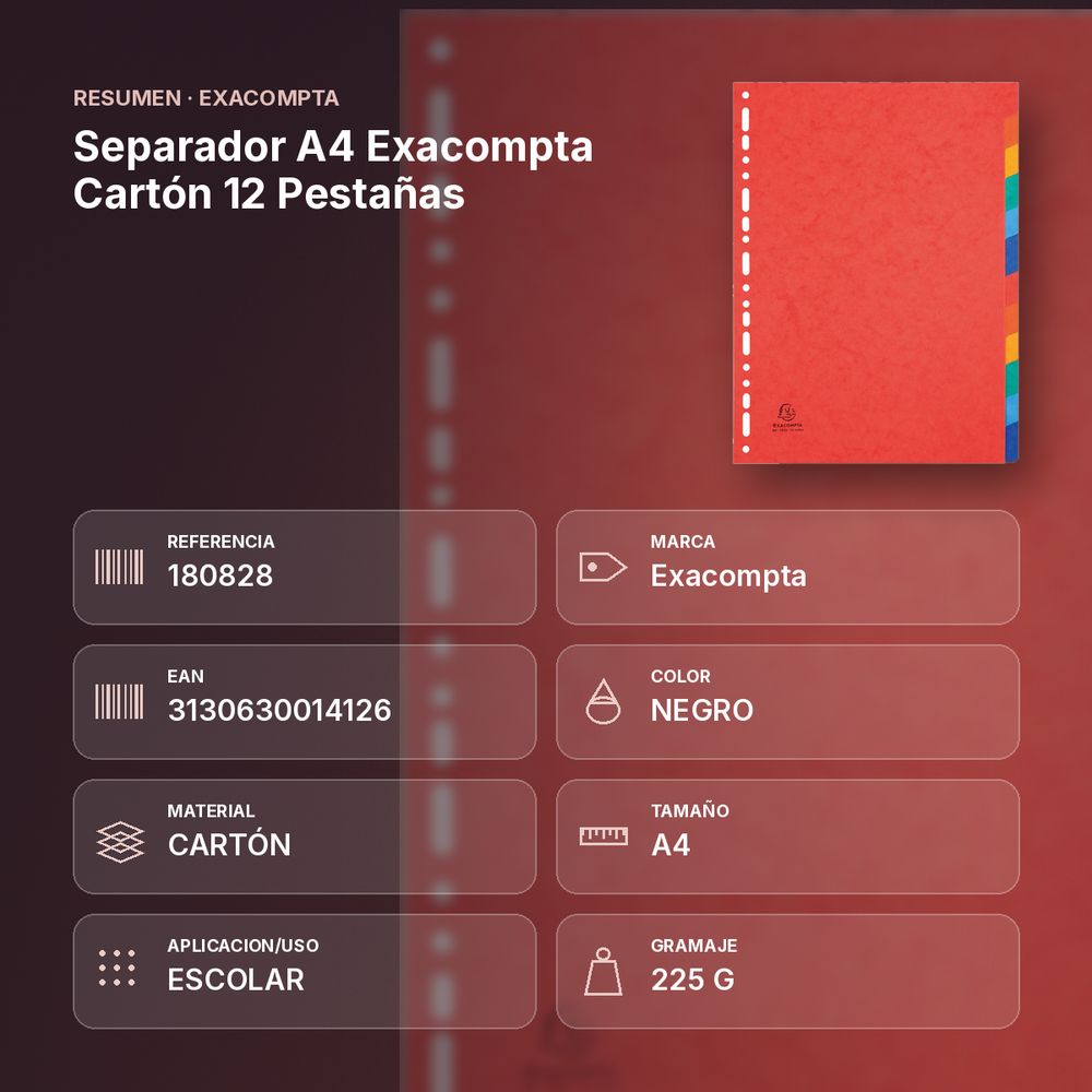 SEPARADOR A4 EXACOMPTA CARTÓN 12 PESTAÑAS - resumen de atributos