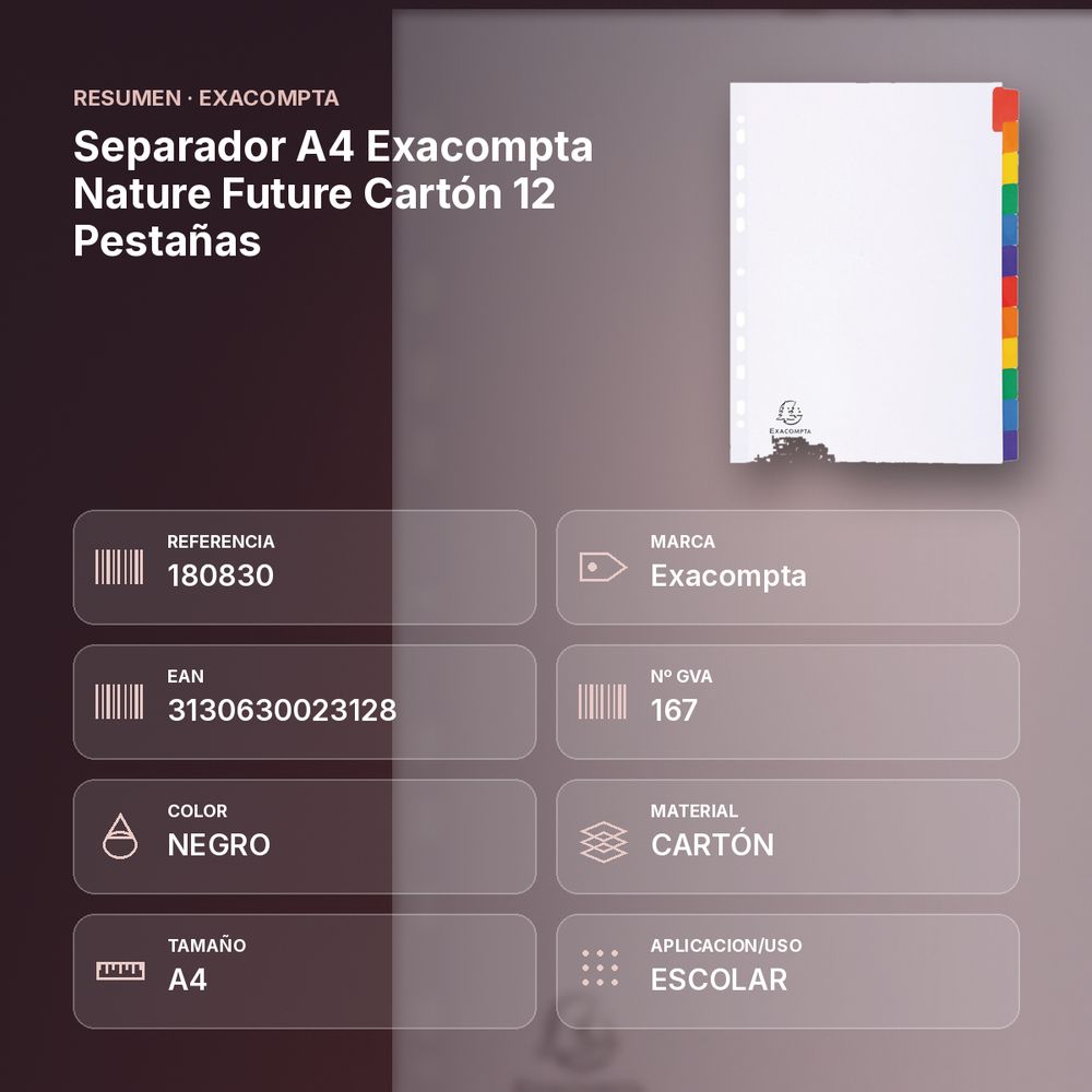 SEPARADOR A4 EXACOMPTA NATURE FUTURE CARTÓN 12 PESTAÑAS - resumen de atributos