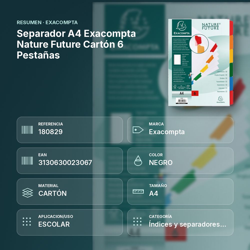 SEPARADOR A4 EXACOMPTA NATURE FUTURE CARTÓN 6 PESTAÑAS - resumen de atributos