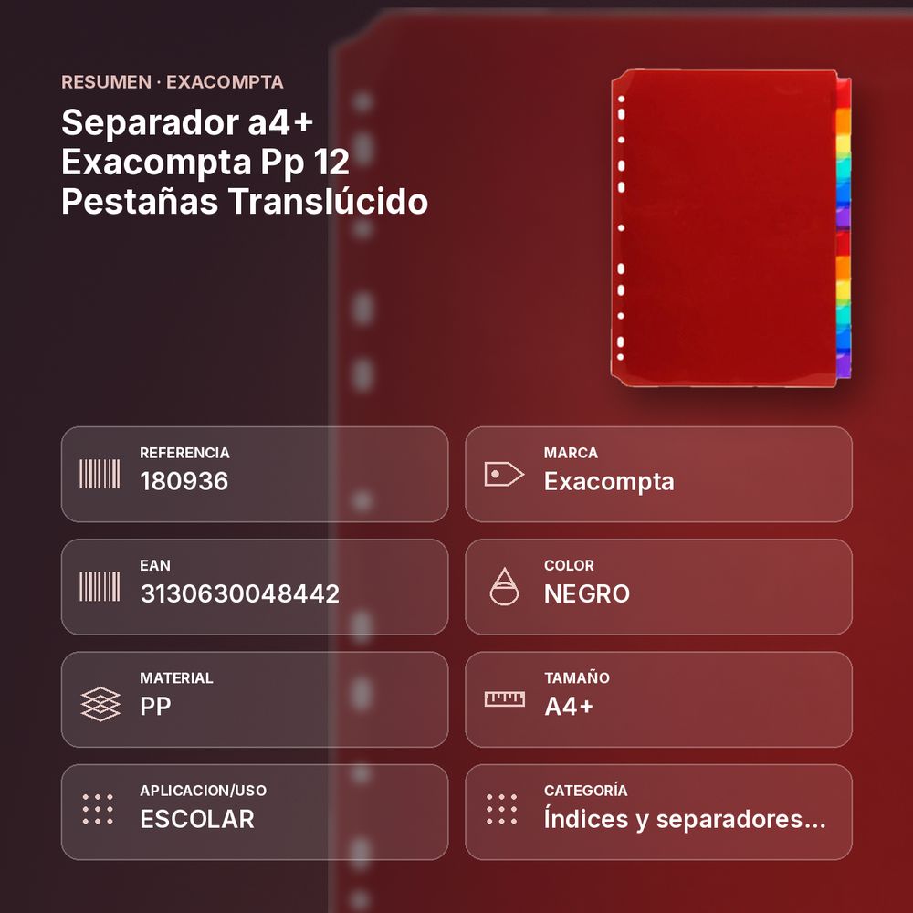 SEPARADOR A4+ EXACOMPTA PP 12 PESTAÑAS TRANSLÚCIDO - resumen de atributos