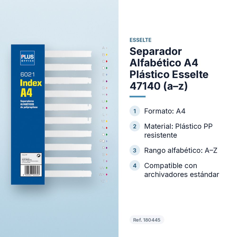 SEPARADOR ALFABÉTICO A4 PLÁSTICO ESSELTE 47140 (A–Z) - características principales
