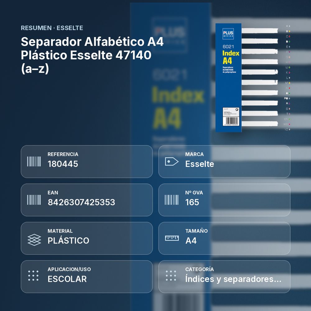 SEPARADOR ALFABÉTICO A4 PLÁSTICO ESSELTE 47140 (A–Z) - resumen de atributos