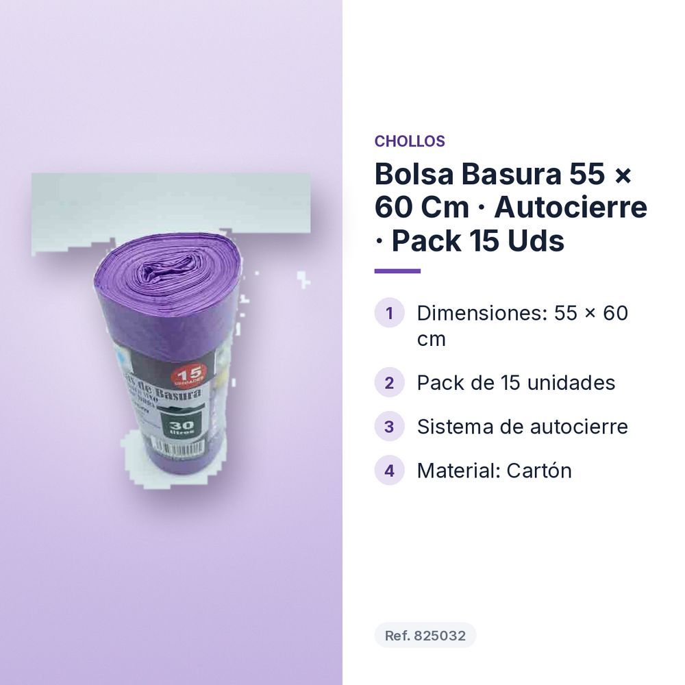 BOLSA BASURA 55 × 60 CM · AUTOCIERRE · PACK 15 UDS - características principales